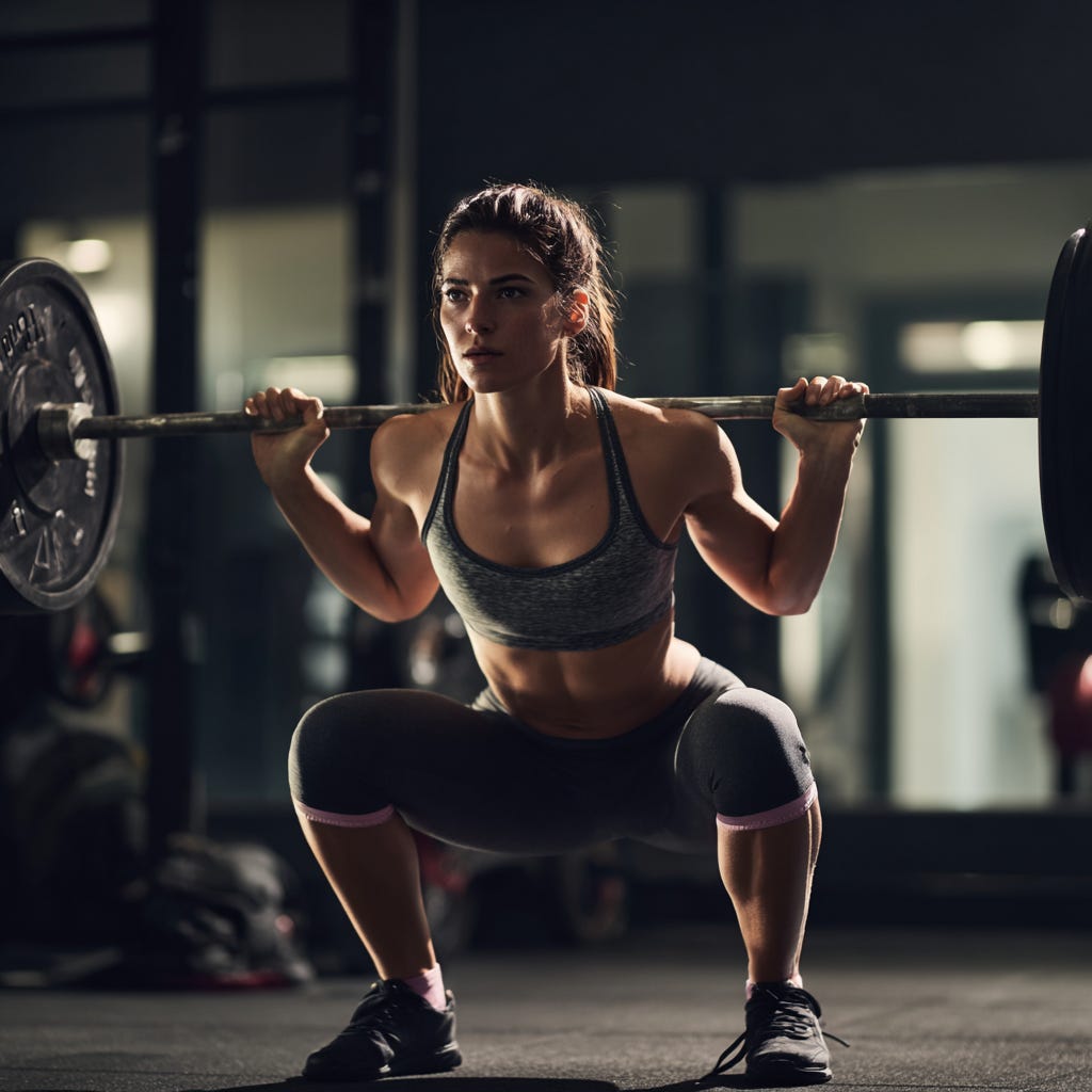 Strong, fit woman performing a full back squat in a gym. Strong, fit woman performing a full back squat in a gym.