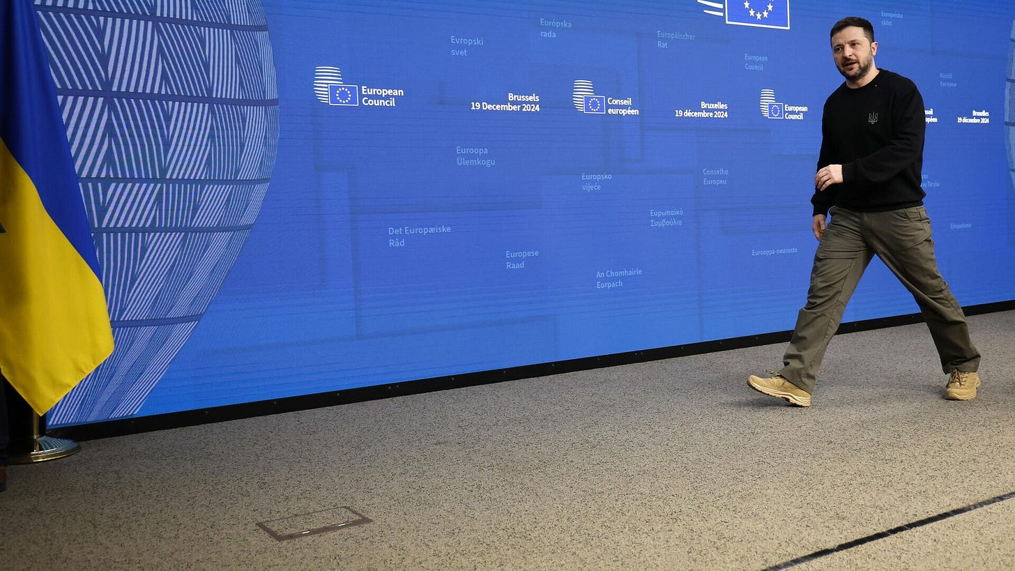 Ukraine's Volodymyr Zelensky leaves the podium after addressing a media conference during an EU summit in Brussels, Thursday, Dec. 19, 2024 - Sputnik International, 1920, 01.03.2025
