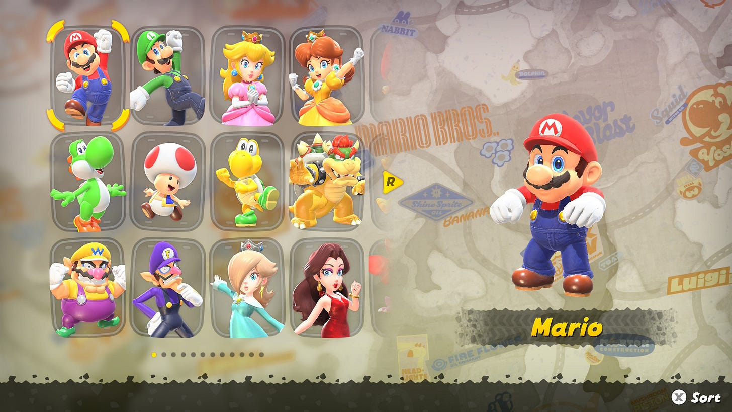 Mario Kart World's character select screen.