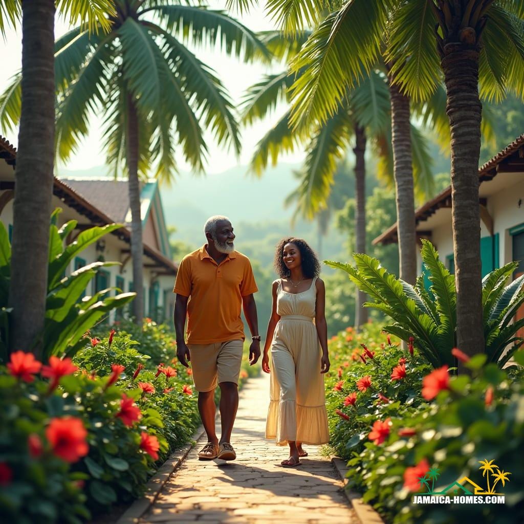 An elderly black man enjoying a beautiful Jamaican property with a tropical garden, symbolizing a generational estate.