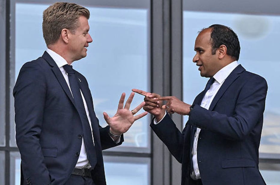 Johan Lange, Technical Director of Tottenham Hotspur and Vinai Venkatesham, Chief Executive of Tottenham Hotspur during the Premier League match between West Ham United and Tottenham Hotspur at London Stadium on September 13, 2025 in London, England. (Photo by Vince Mignott/MB Media/Getty Images) Johan Lange, Technical Director of Tottenham Hotspur and Vinai Venkatesham, Chief Executive of Tottenham Hotspur during the Premier League match between West Ham United and Tottenham Hotspur at London Stadium on September 13, 2025 in London, England. (Photo by Vince Mignott/MB Media/Getty Images)