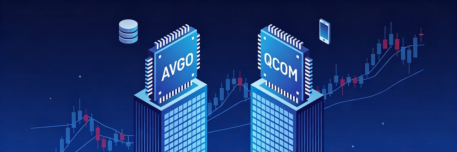 Cover illustration comparing Broadcom and Qualcomm semiconductor stocks for an investing article.