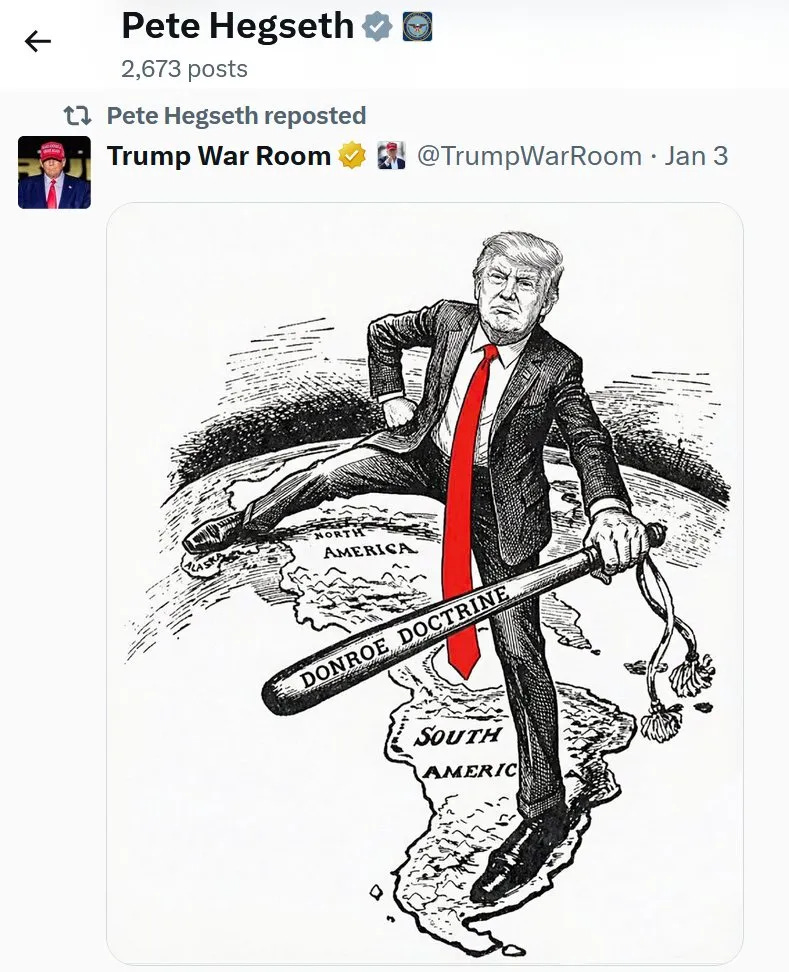 Drawing of Trump stepping on South America with a bat that reads 'DONROE DOCTRINE'