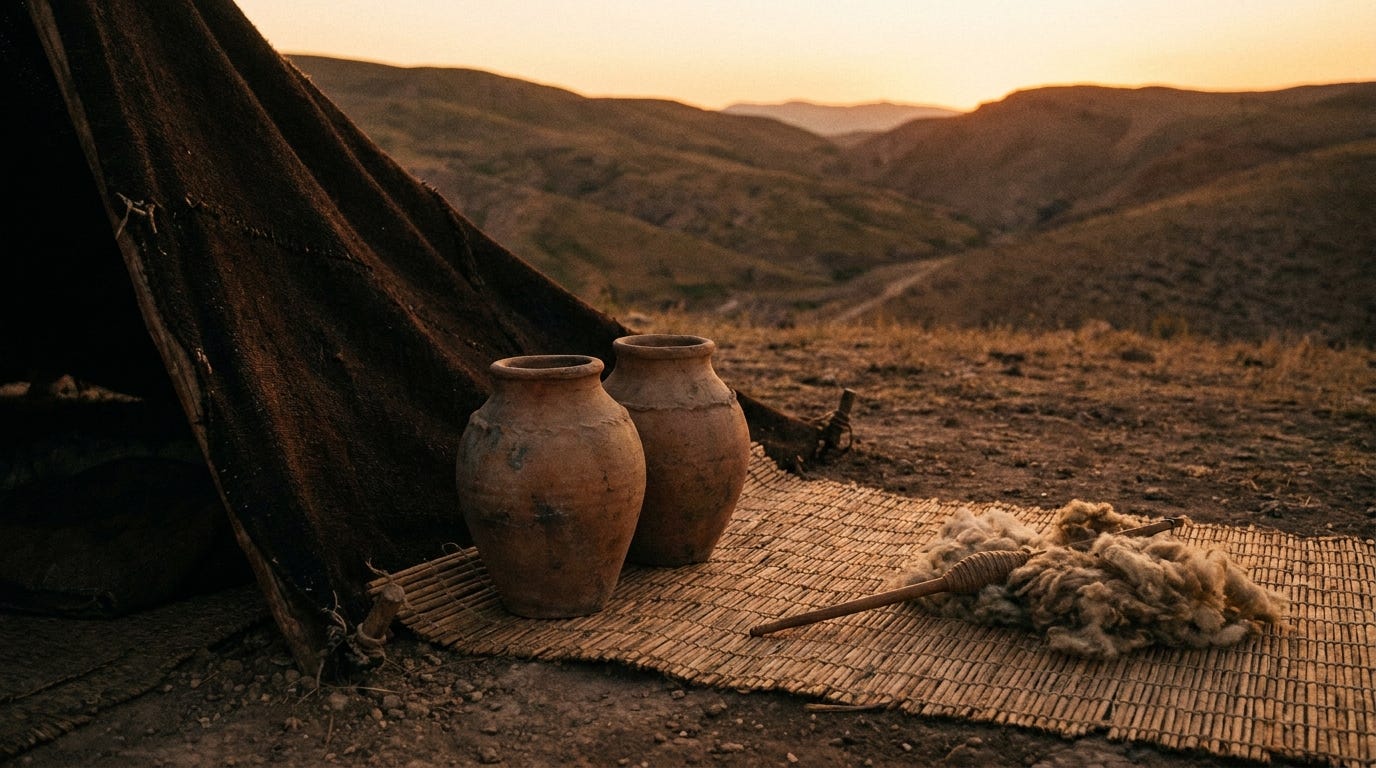 Two clay water jars beside a goat-hair tent at dusk, a woven mat and a spindle on the ground, no text, no faces