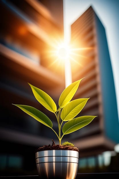 A plant with green leaves is growing in the background of a building.