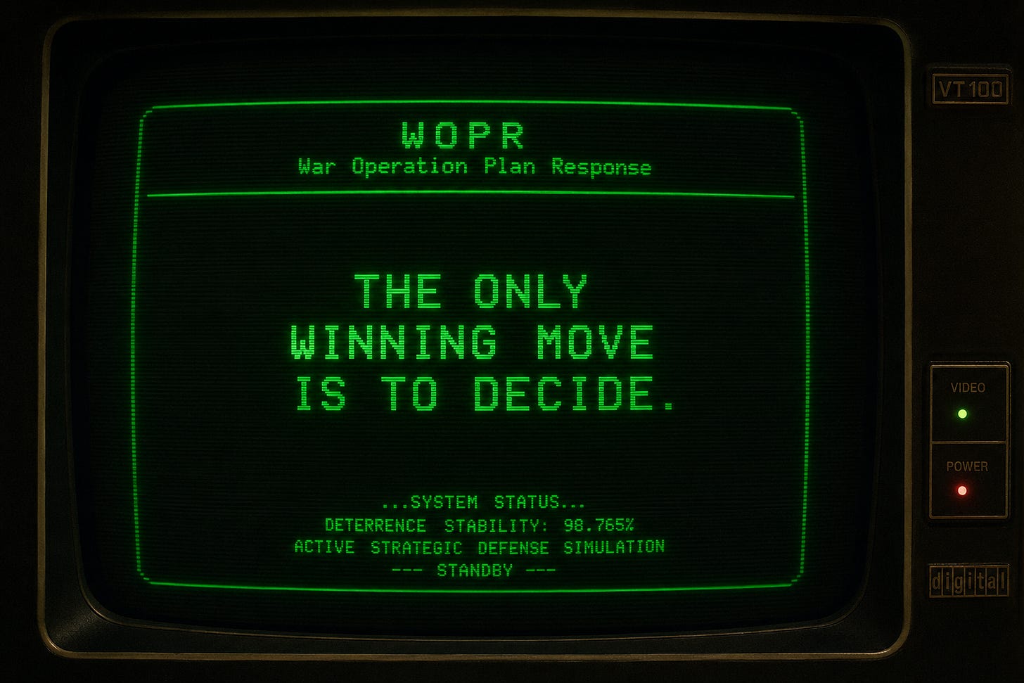 Retro green CRT terminal displaying “The only winning move is to decide,” symbolizing human judgment in AI systems. Retro green CRT terminal displaying “The only winning move is to decide,” symbolizing human judgment in AI systems.