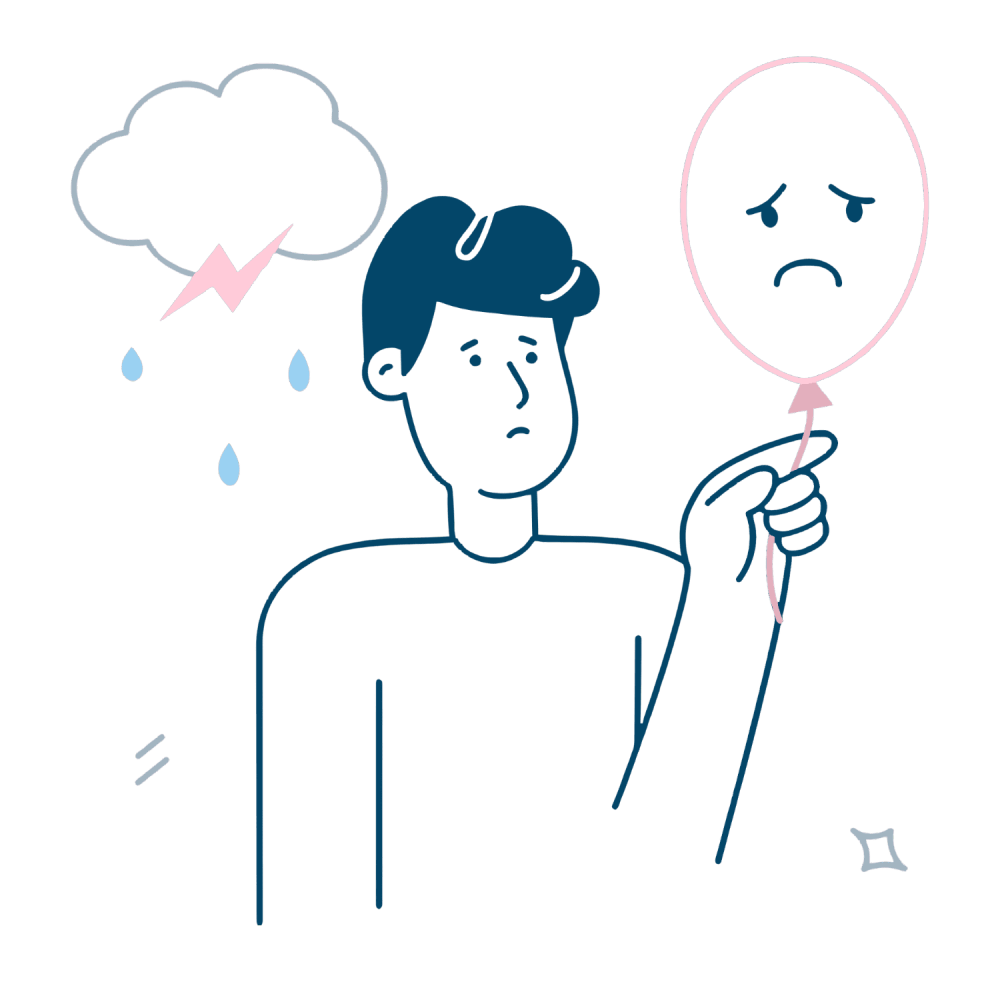 Person holding a balloon with sad face and a cloud with rain behind them