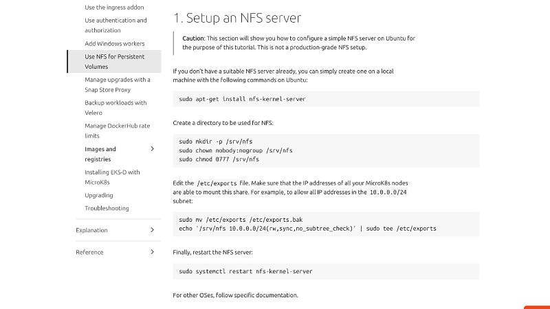 NFS install instructions on microk8s website