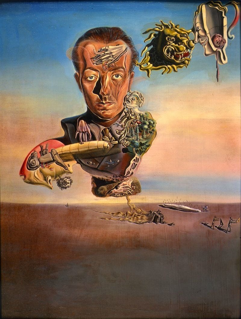 A small painted portrait of a man with heavy eyelids and gray skin, a yellow shape lying on its nose in the background. A small painted portrait of a man with heavy eyelids and gray skin, a yellow shape lying on its nose in the background.