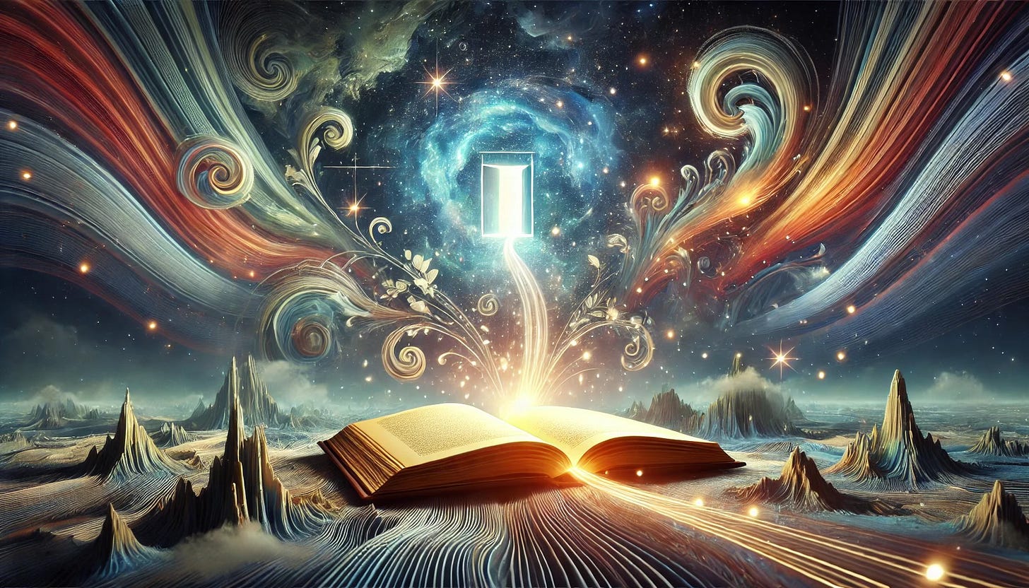 A surreal landscape depicting creativity and storytelling. An open book with glowing pages rests on a mystical terrain, emitting streams of golden light that flow toward a radiant portal in the distance. The background features swirling cosmic elements, vibrant streaks of color, stars, and abstract waves, symbolizing the boundless nature of imagination. Ethereal mountains and luminous accents enhance the dreamlike atmosphere, evoking a sense of wonder and inspiration.