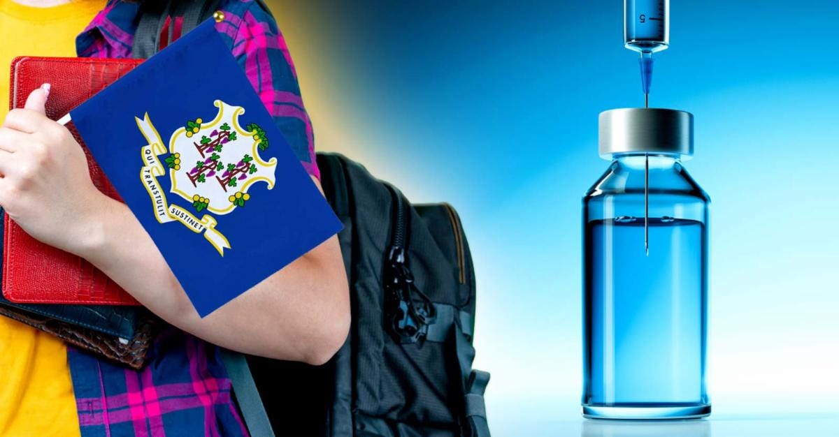 connecticut flag and vaccine bottle