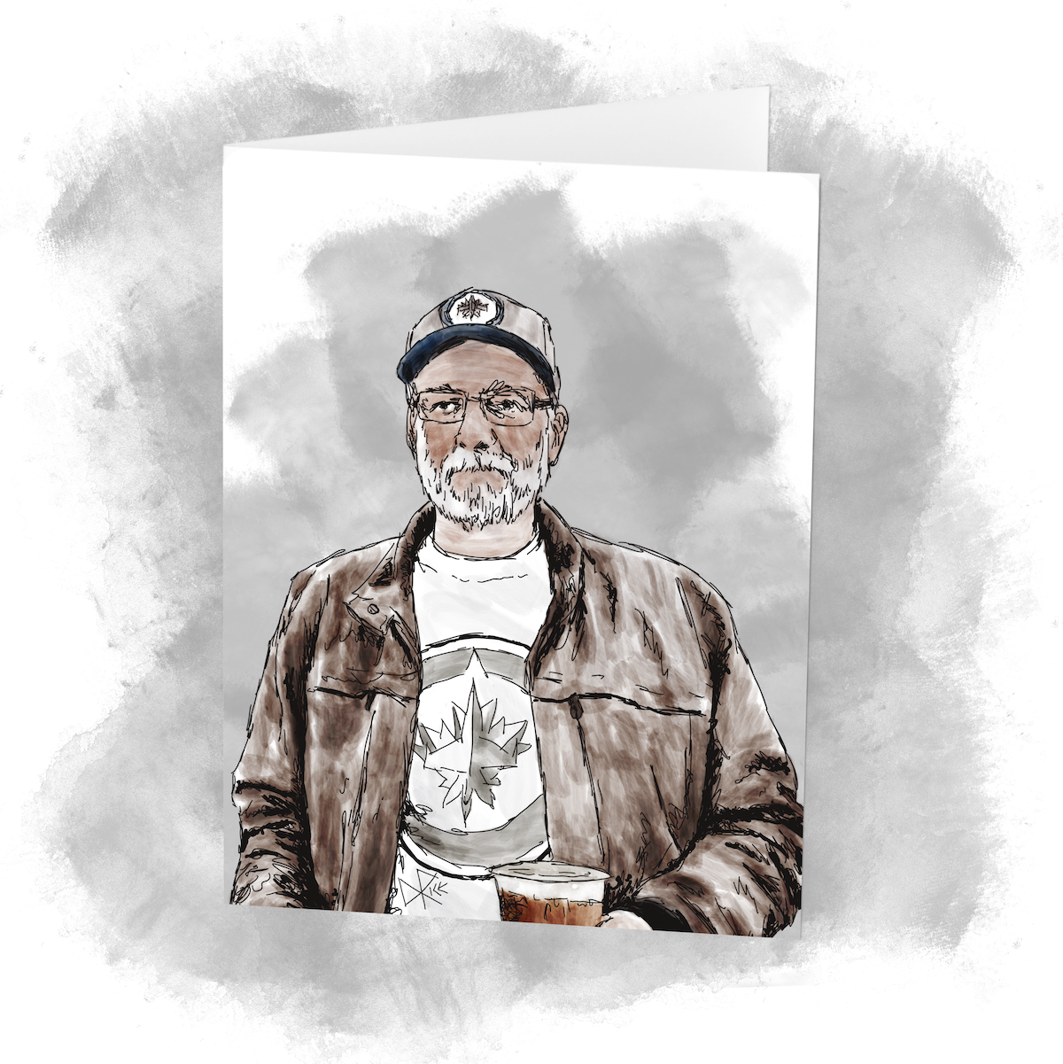 Happily holding his beer at the Canada Life Centre, a bearded man in a brown leather jacket and a Winnipeg Jets branded cap and t-shirt is prepared to watch the Jets game. Sketch art by Don Rice. Happily holding his beer at the Canada Life Centre, a bearded man in a brown leather jacket and a Winnipeg Jets branded cap and t-shirt is prepared to watch the Jets game. Sketch art by Don Rice.