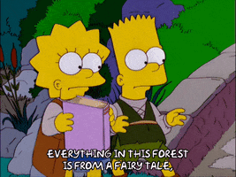 Lisa and Bart Simpson dressed as Hansel and Gretel in a forest. Lisa says "Everything in this forest is from a fairy tale," as she reads from a pink book labeled "Grimms Fairy tales." Lisa and Bart Simpson dressed as Hansel and Gretel in a forest. Lisa says "Everything in this forest is from a fairy tale," as she reads from a pink book labeled "Grimms Fairy tales."