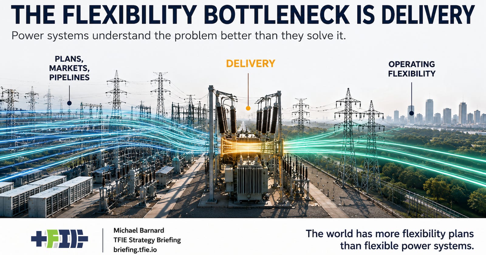 Grid flows narrow through a delivery bottleneck between plans and dependable operating flexibility. Grid flows narrow through a delivery bottleneck between plans and dependable operating flexibility.