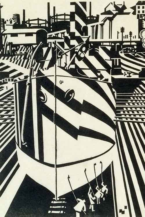 File:Camouflaged ships in dry dock (Wadsworth, 1918, woodcut) - mono version of oil painting.jpg
