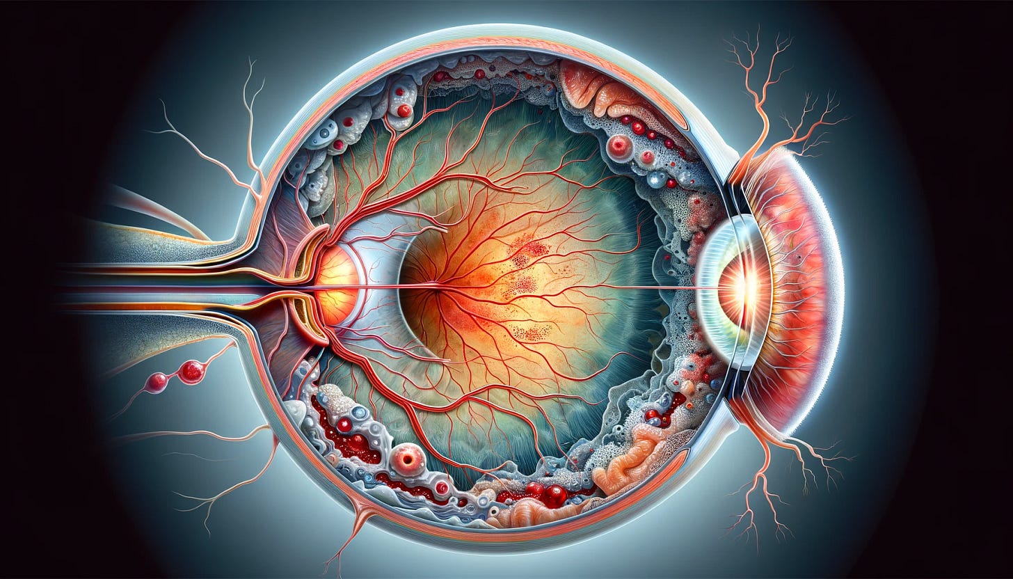 Create an anatomically accurate and detailed illustration of a human eye affected by wet age-related macular degeneration, adjusting the aspect ratio to 1.5:1 for a wider view. The image should vividly depict the macula, located in the retina, showing signs of the disease such as bleeding, fluid accumulation, and abnormal blood vessel growth beneath the retina. Highlight these features with clear, visible detail to emphasize the condition's impact on the eye's structure. Use a cross-sectional view to provide a comprehensive understanding of the changes occurring inside the eye, with annotations or labels for key components like the macula, abnormal blood vessels, and areas of bleeding or fluid for educational purposes.