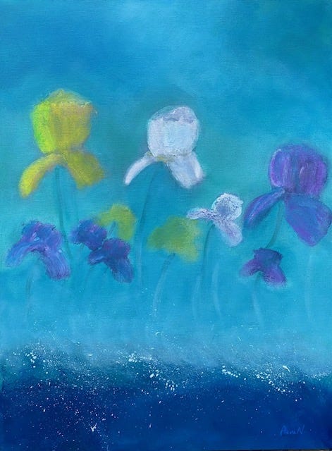 Dale’s rock, colors and words, mixed media piece with dried flowers, Iris in the sea mist
