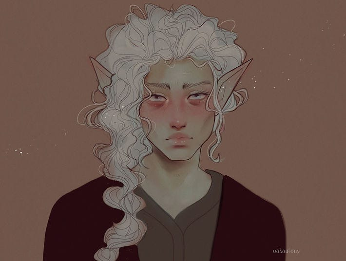 Elf with white curly hair and pointed ears on a brown background, wearing a dark outfit. The mood appears somber. Text reads “oakantony.” Elf with white curly hair and pointed ears on a brown background, wearing a dark outfit. The mood appears somber. Text reads “oakantony.”