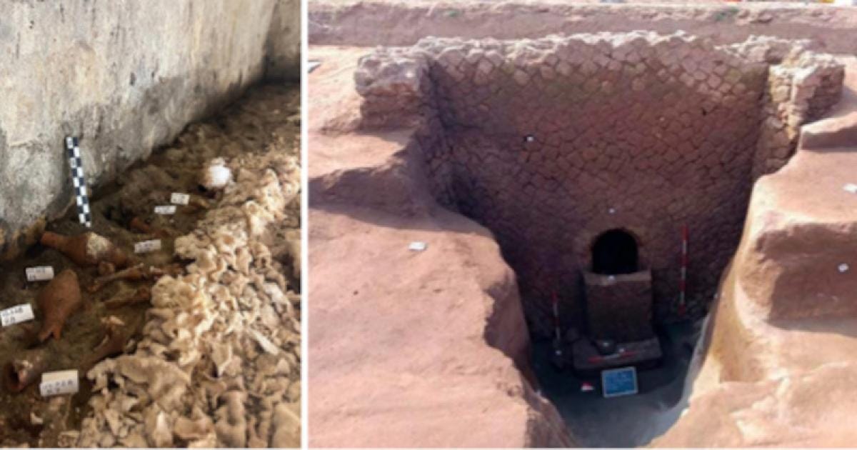 Right; Entrance to the chamber tomb discovered near Naples.	Source: Left; Italian Ministry of Culture, Right; Soprintendenza Archeologia Belle Arti e Paesaggio per l’Area Metropolitana di Napoli