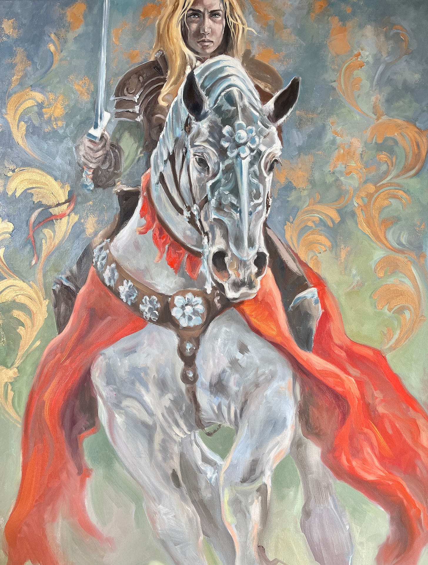 Warrior woman in armor on a white horse, holding a sword. The horse is adorned with red and floral patterns, set against a swirling, colorful background. Original oil painting by Kindrie Grove