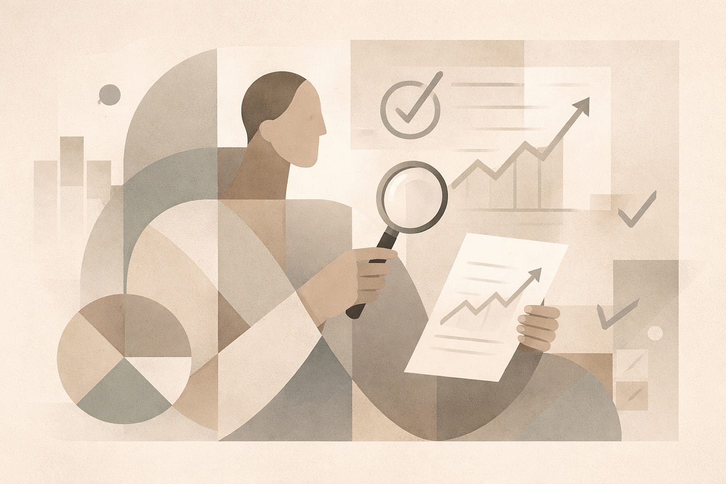 Minimalist, cubist picture in brown tones of a person reviewing graphs with a magnifying glass