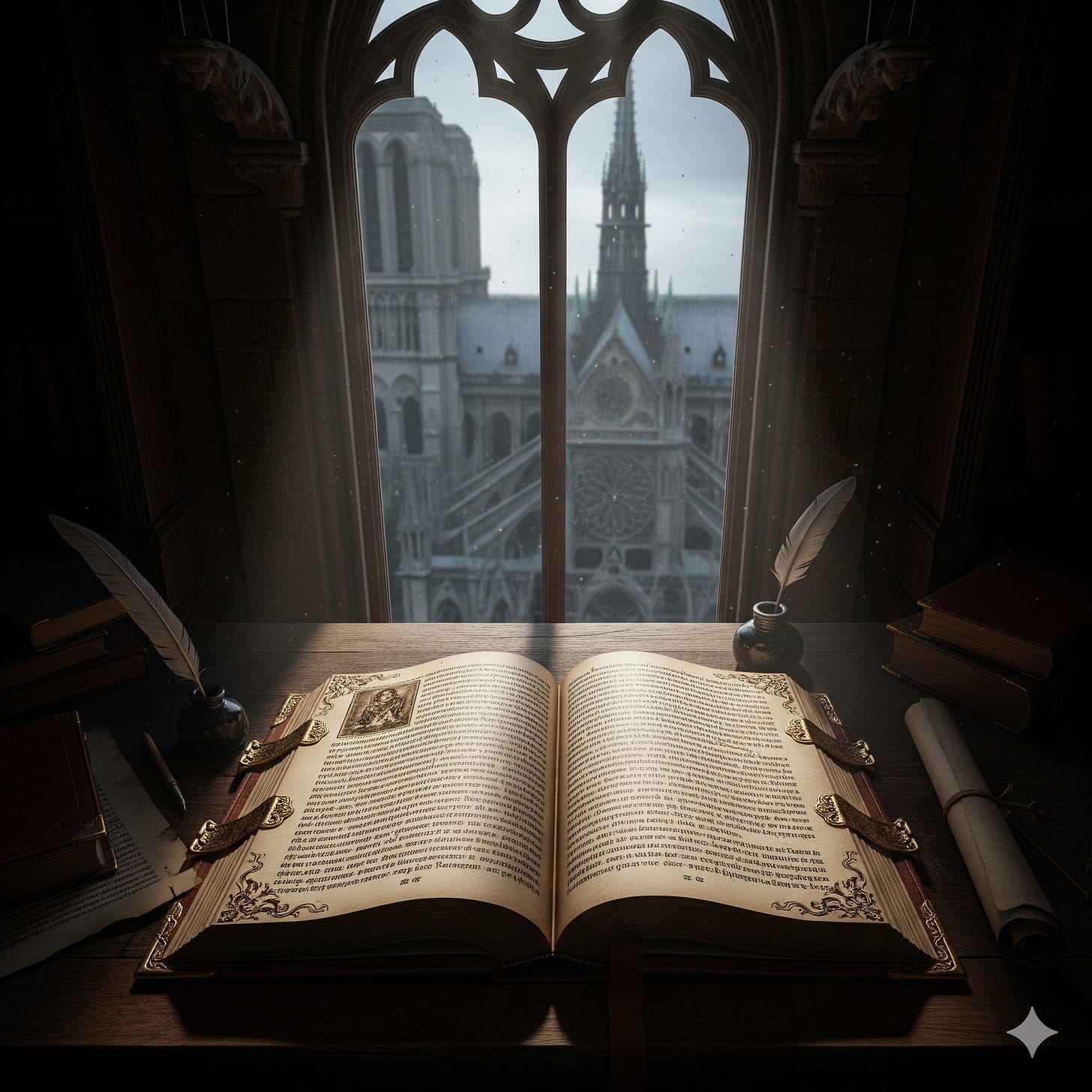 An ornate, old book lies open on a scholar's wooden desk, brightly lit by a large arched window. Through the window, the spires of a Gothic cathedral are visible in the background.