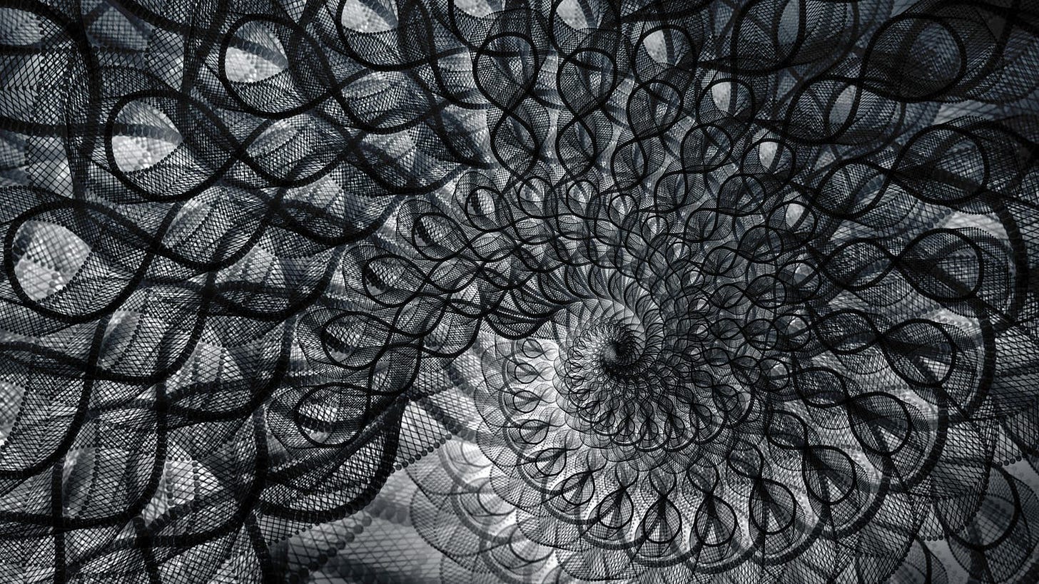 complicated wire mesh spiral pattern (semantic satiation)