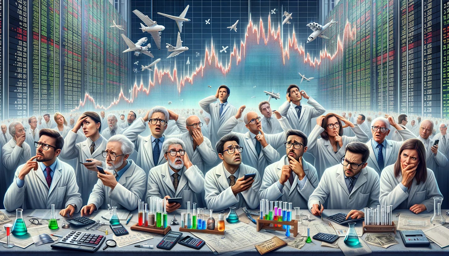 A conceptual image for a financial blog, focusing on options pricing and market volatility. The scene is set in a bustling stock market environment, with traders looking puzzled and scratching their heads, reflecting their confusion about the differences between implied and historical pricing. They are depicted as scientists, with some wearing lab coats and using calculators, charts, and graphs to calibrate and analyze the data. The background shows a large, upward-trending stock market graph, symbolizing a high market rally. The overall tone is a mix of seriousness and whimsy, capturing the complexity and unpredictability of financial markets.