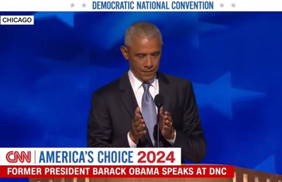 Barack Obama holds his hands about five inches apart, looking down at them (in video it was a very foreshortened version of Trump's 'accordion hands' gesture) Barack Obama holds his hands about five inches apart, looking down at them (in video it was a very foreshortened version of Trump's 'accordion hands' gesture)