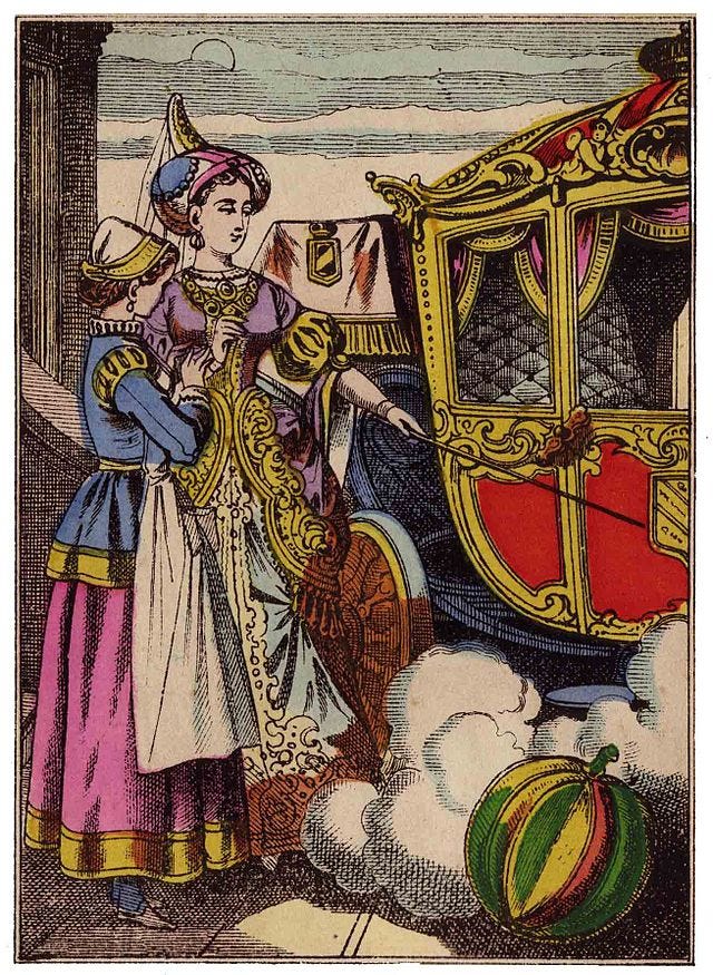 Brightly coloured illustration of Cinderella with the Fairy Godmother, who is changing a pumpkin into a coach.