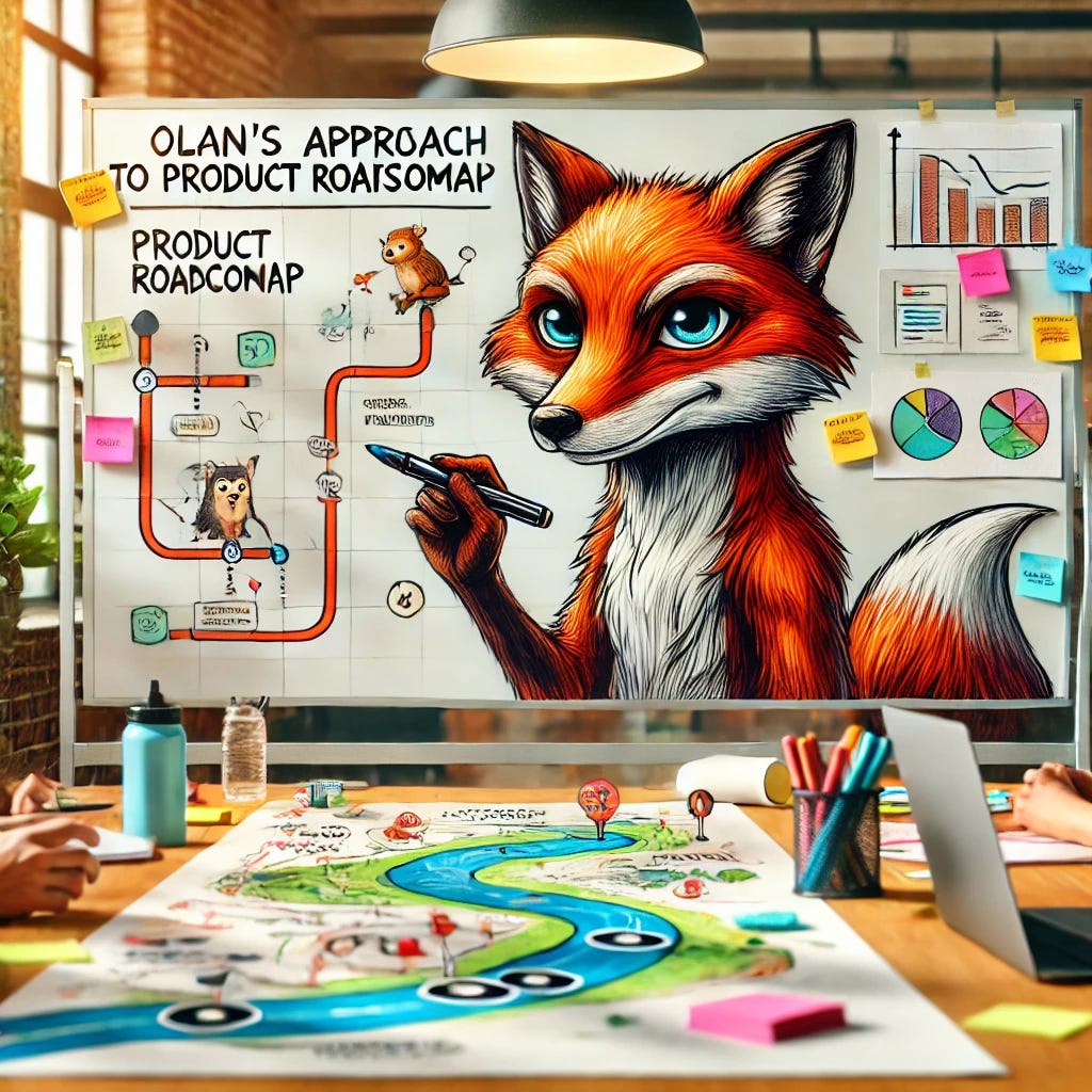 A collaborative office setting with a fox planning a roadmap on a board, representing Alan's approach to product roadmapping. The fox is holding a pen and looks thoughtful, with diagrams and flowcharts on the board. Around the fox, there are sticky notes, markers, and a laptop. The scene is vibrant and creative, with bright lighting and a collaborative atmosphere, emphasizing teamwork and strategic planning.