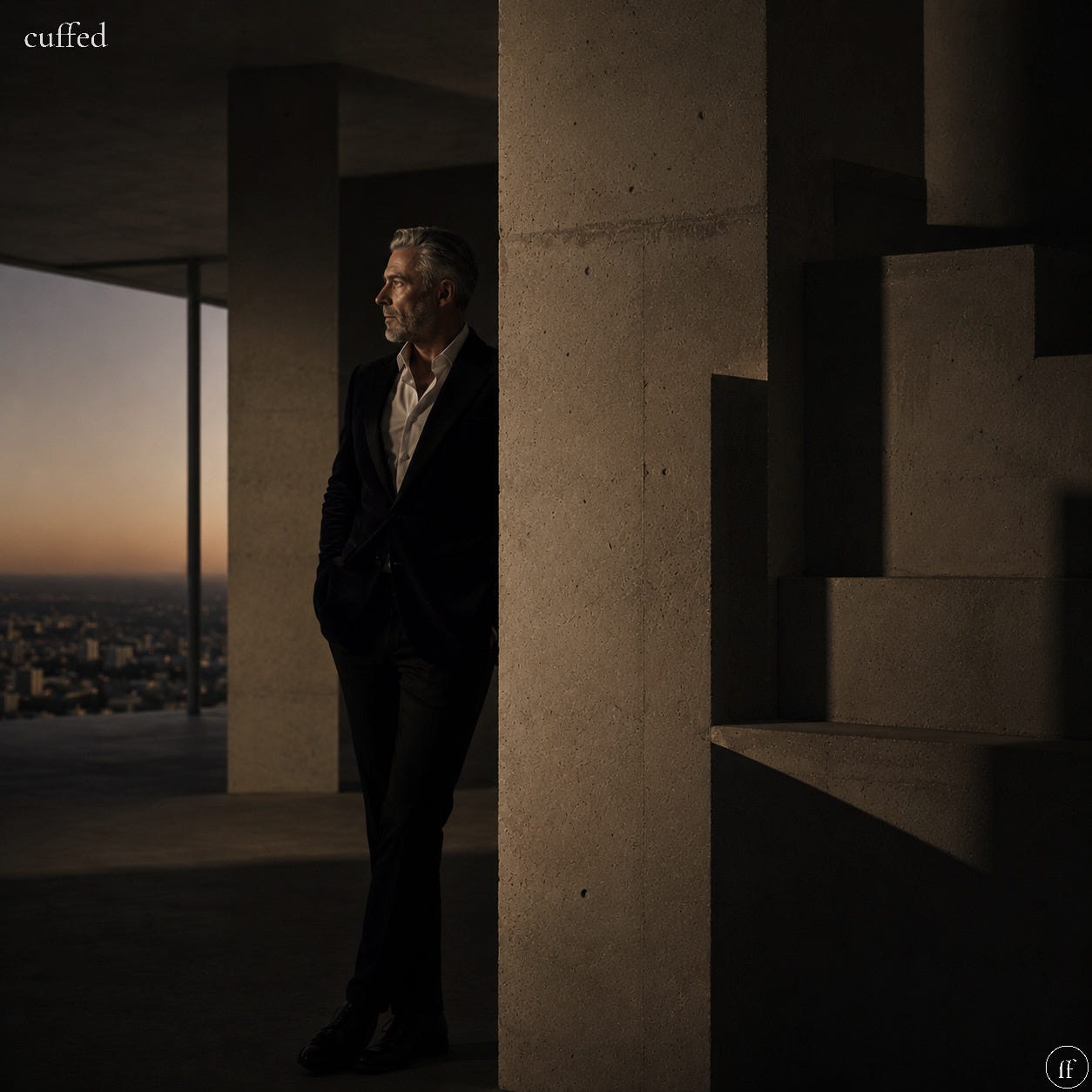 a man in a dark blazer and open-collar white shirt stands beside a concrete column in an unfinished high-rise, looking out over a city at dusk. chiaroscuro lighting. warm amber horizon behind him. hands in pockets. expression still, inward, unguarded. lowercase black serif "cuffed" top-left. fused ff logo bottom-right in cream. masculine introspection. cream and shadow identity. — cuffed. tags: masculine quote about self-honesty, emotional intelligence, men and avoidance, architecture of self, cuffed media a man in a dark blazer and open-collar white shirt stands beside a concrete column in an unfinished high-rise, looking out over a city at dusk. chiaroscuro lighting. warm amber horizon behind him. hands in pockets. expression still, inward, unguarded. lowercase black serif "cuffed" top-left. fused ff logo bottom-right in cream. masculine introspection. cream and shadow identity. — cuffed. tags: masculine quote about self-honesty, emotional intelligence, men and avoidance, architecture of self, cuffed media