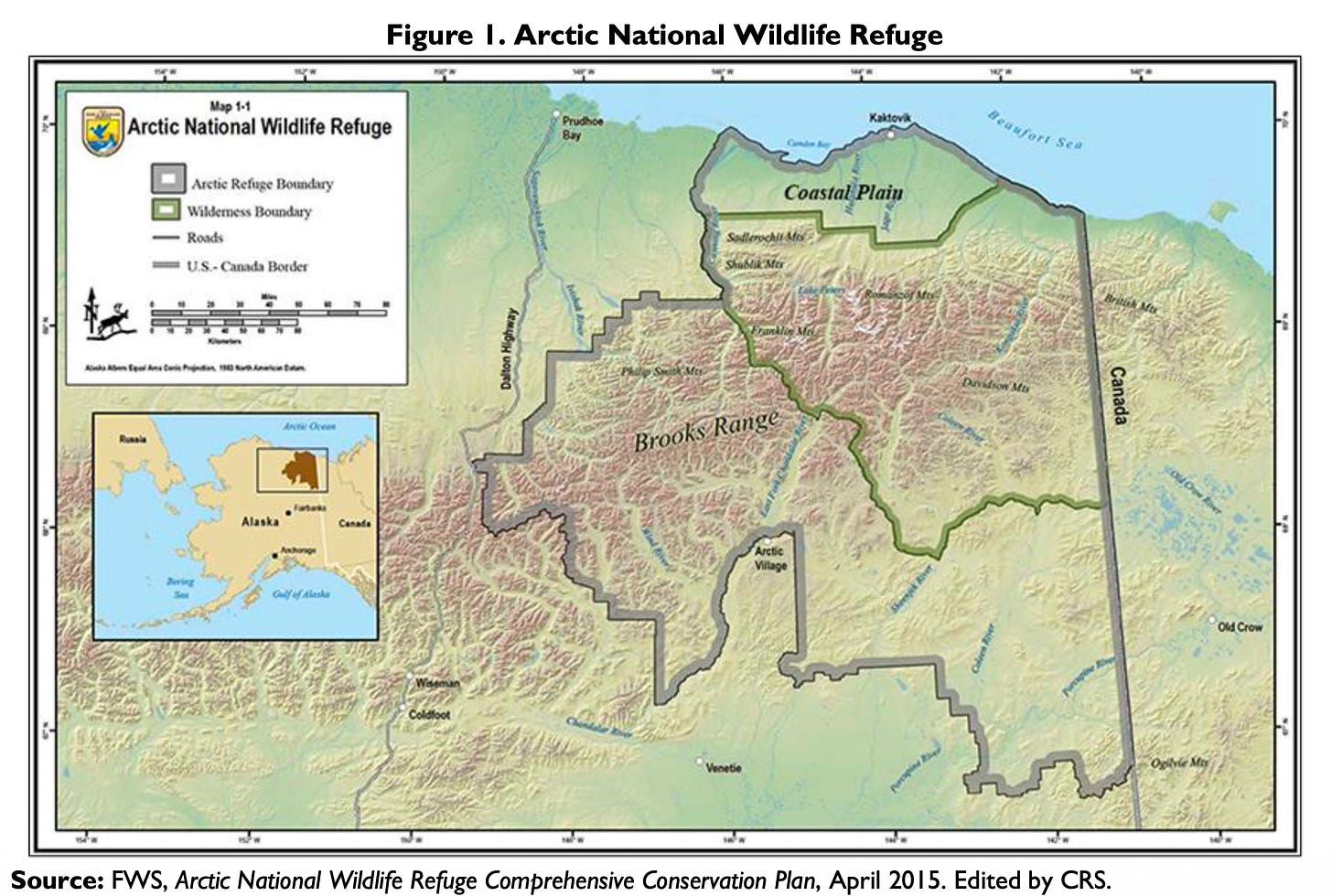 Map of the Arctic National Wildlife Refuge in northeast Alaska, bounded by the Beaufort Sea to the north and the Canadian border to the east. The Coastal Plain is marked as a narrow strip along the northern edge, running from near Prudhoe Bay east past the village of Kaktovik. The much larger remainder of the refuge extends south across the Brooks Range and its constituent ranges—Sadlerochit, Shublik, Philip Smith, Davidson, Romanzof—to Arctic Village and Venetie. A wilderness boundary covers a substantial portion of the refuge's interior. The Dalton Highway runs along the western edge, outside the refuge. An inset shows the refuge's position in the far northeast corner of Alaska.