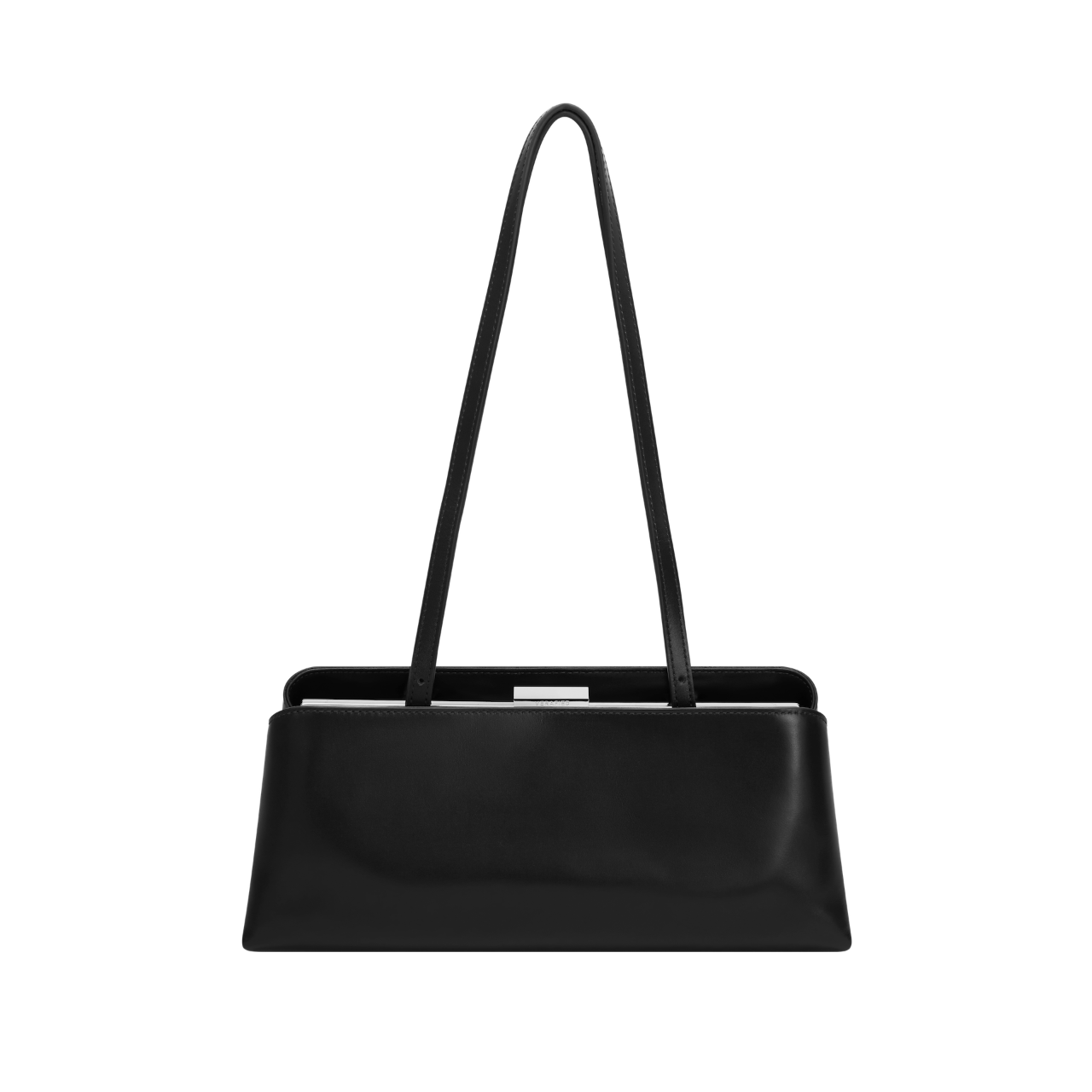 Black handbag with a strap on a white background