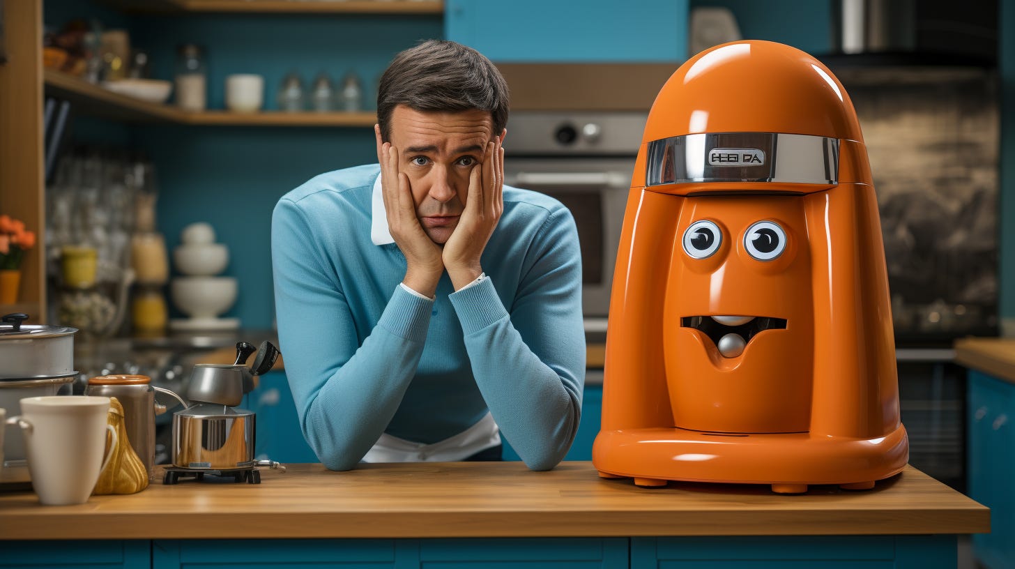 Midjourney prompt: a tired customer struggling with a kitchen product, colors of Burnt Orange and Air Superiority Blue --no airplanes --ar 16:9 --s 750 