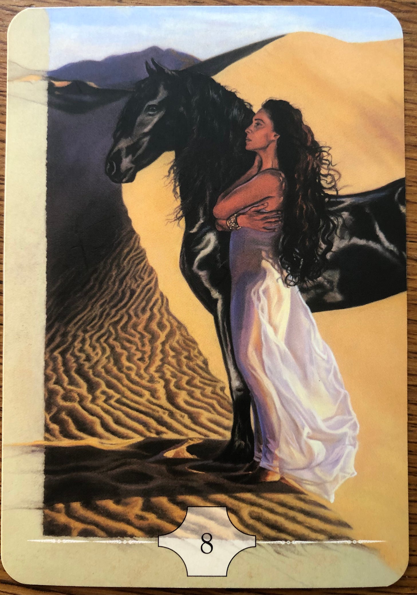 card showing black horse and woman in the desert