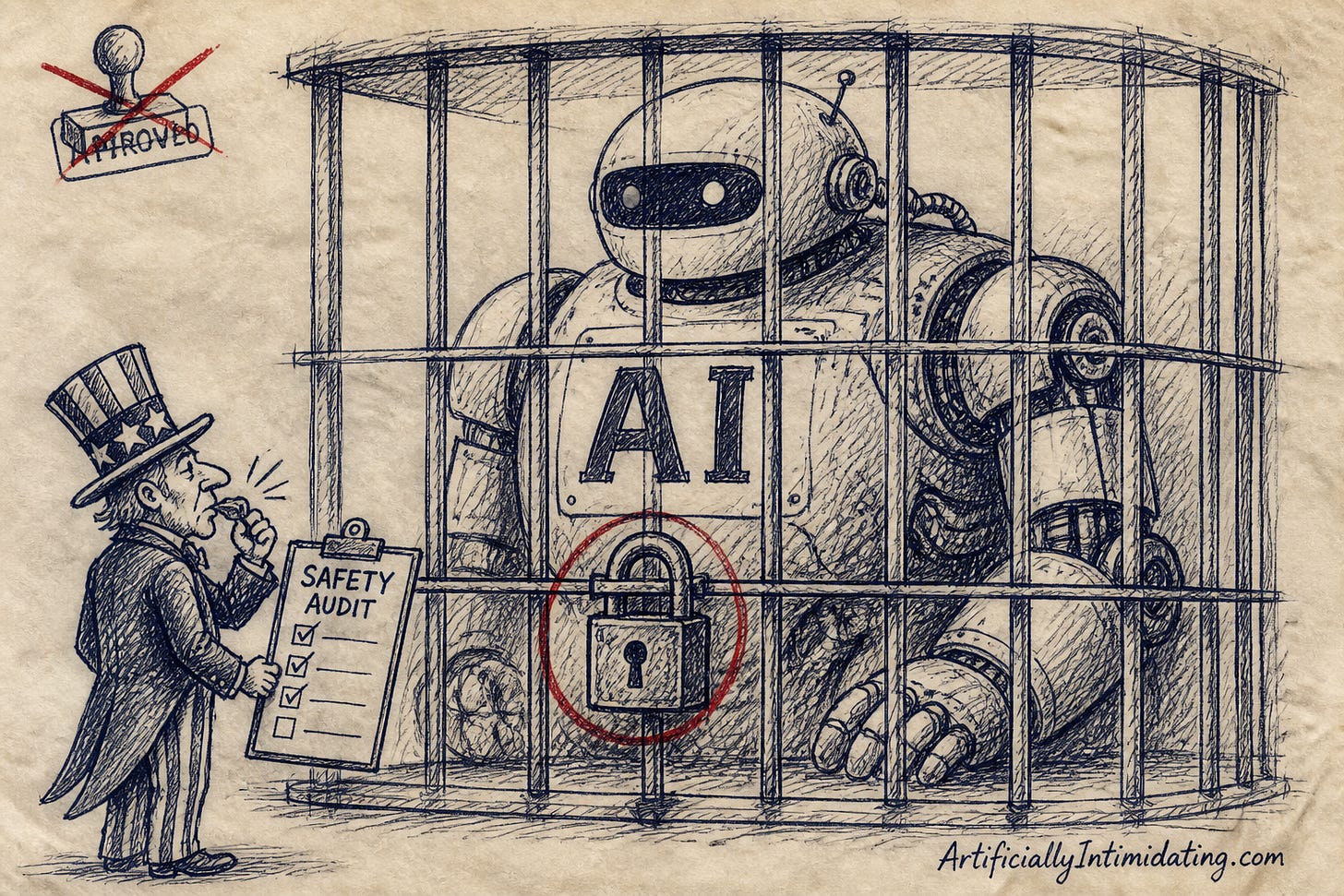 Sketch of Uncle Sam blowing a whistle and holding a SAFETY AUDIT checklist beside a giant caged robot marked AI, red circle on the padlock Sketch of Uncle Sam blowing a whistle and holding a SAFETY AUDIT checklist beside a giant caged robot marked AI, red circle on the padlock