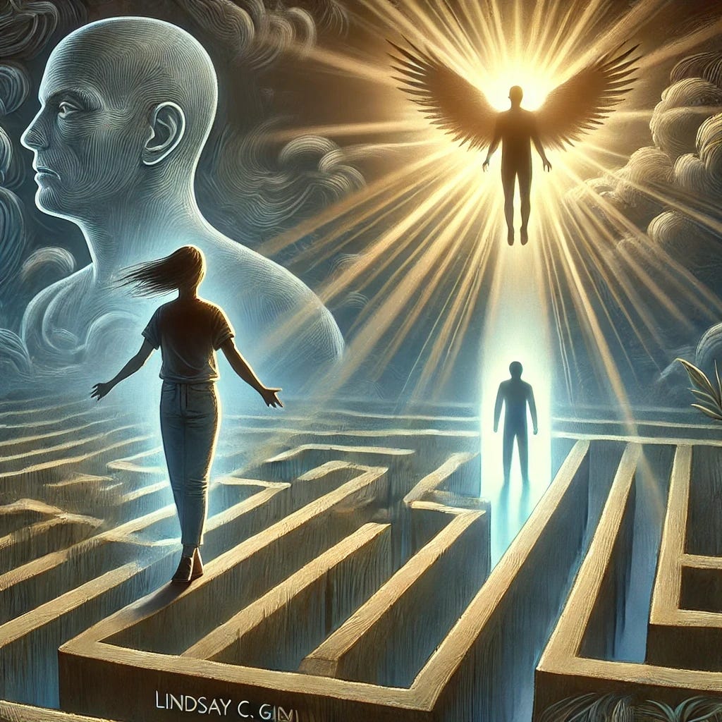 A symbolic image representing the themes of the book 'Adult Children of Emotionally Immature Parents' by Lindsay C. Gibson. The scene shows an adult standing at the edge of a maze, symbolizing the confusion and emotional challenges of navigating relationships influenced by childhood experiences. Behind them, a shadowy, distant figure represents the emotionally immature parent, while rays of sunlight break through the maze, symbolizing healing, self-awareness, and hope. The tone is reflective and empowering, emphasizing the journey from emotional confusion to clarity and self-discovery.