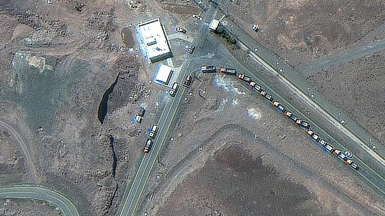 16 cargo trucks line up at the entrance of the Fordow nuclear site on 19 June. Pic: Maxar Technologies 16 cargo trucks line up at the entrance of the Fordow nuclear site on 19 June. Pic: Maxar Technologies