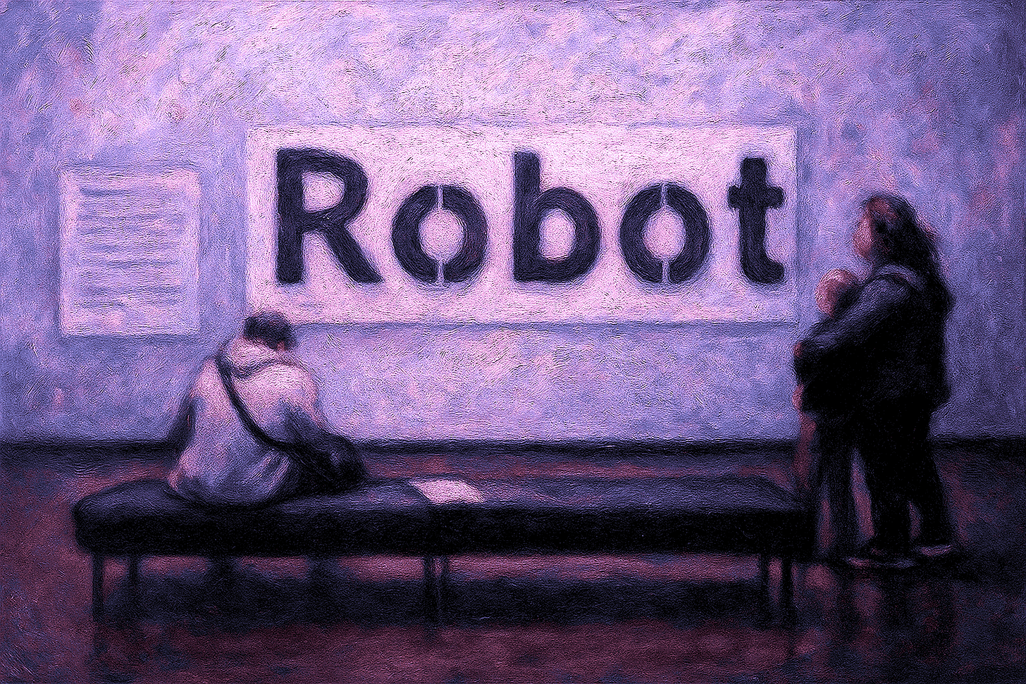 A man sits on a bench in a museum, while another man stands nearby with a child. They all look at the word "Robot" displayed on the wall. A man sits on a bench in a museum, while another man stands nearby with a child. They all look at the word "Robot" displayed on the wall.