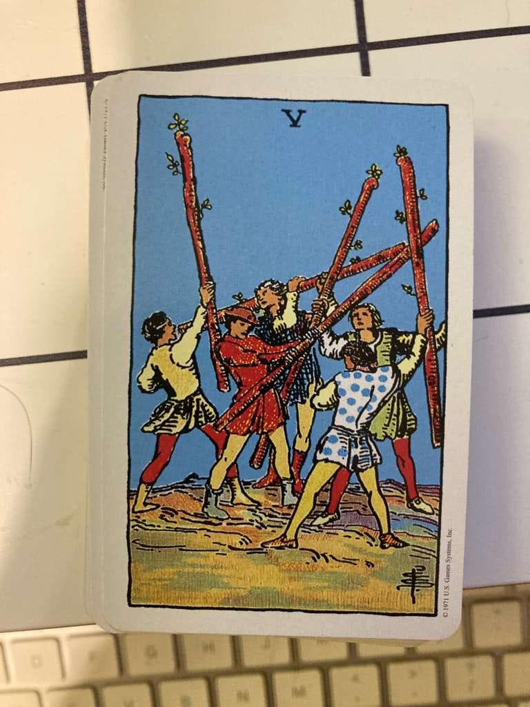 Rider-Waite-Smith Five of Wands tarot card drawn during the Charming Disaster interview Rider-Waite-Smith Five of Wands tarot card drawn during the Charming Disaster interview