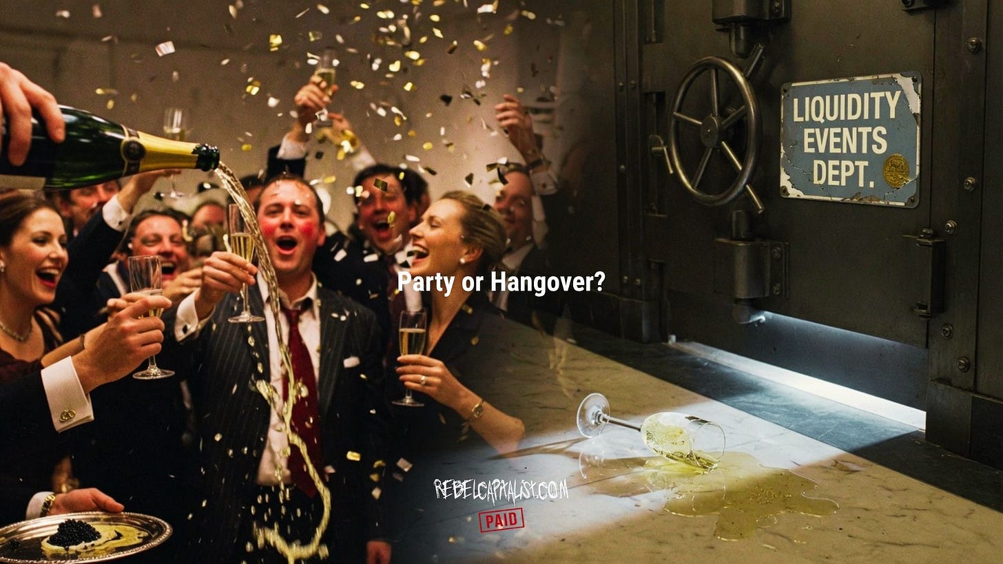 Liquidity events department vault door beside champagne celebration party or hangover