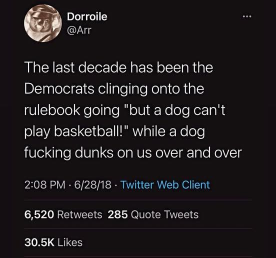 Dorroile @arr  The last decade has been the Democrats clinging onto the rulebook going "but a dog can't play basketball!" while a dog fucking dunks on us over and over  6/28/18