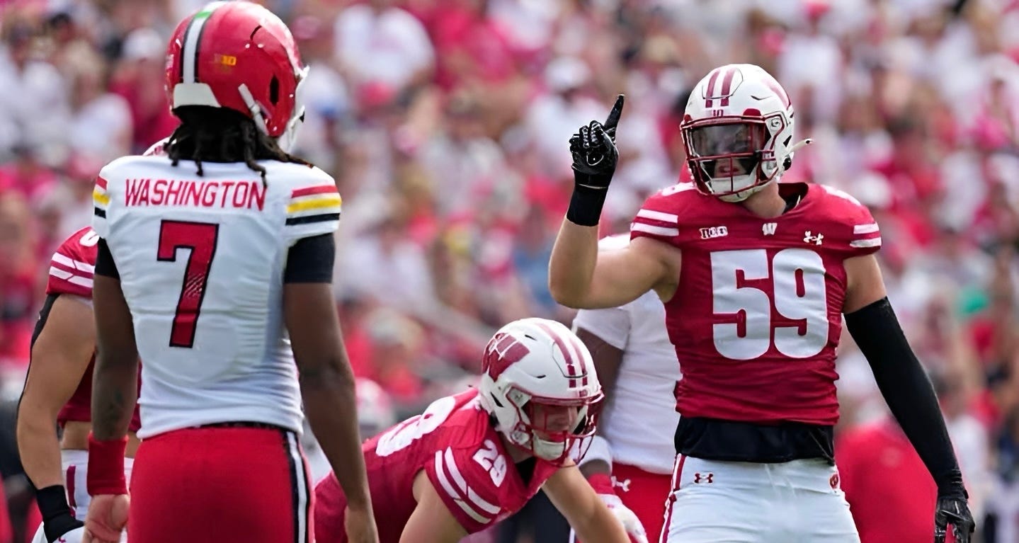 Wisconsin Badgers linebacker Aaron Witt points at Maryland quarterback Malik Washington after a defensive stop. Wisconsin Badgers linebacker Aaron Witt points at Maryland quarterback Malik Washington after a defensive stop.