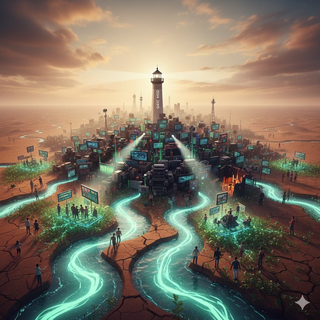 A digital art illustration of a dry, cracked desert landscape at dusk. Flowing through the cracks are glowing rivers of light, connecting clusters of computer screens, antennas, and small groups of people. In the center, a lighthouse rises above the scene, acting as a central beacon in this media ecosystem.