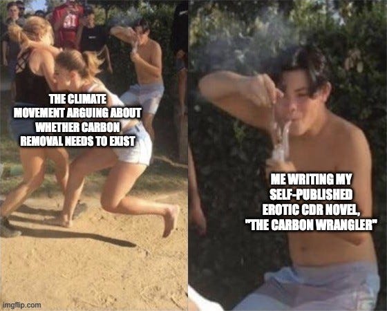 Two-panel meme. Left: people fight on a dirt patch, labeled "THE CLIMATE MOVEMENT ARGUING ABOUT WHETHER CARBON REMOVAL NEEDS TO EXIST". Right: a shirtless young man nearby calmly smokes from a bong, labeled "ME WRITING MY SELF-PUBLISHED EROTIC CDR NOVEL, 'THE CARBON WRANGLER'".