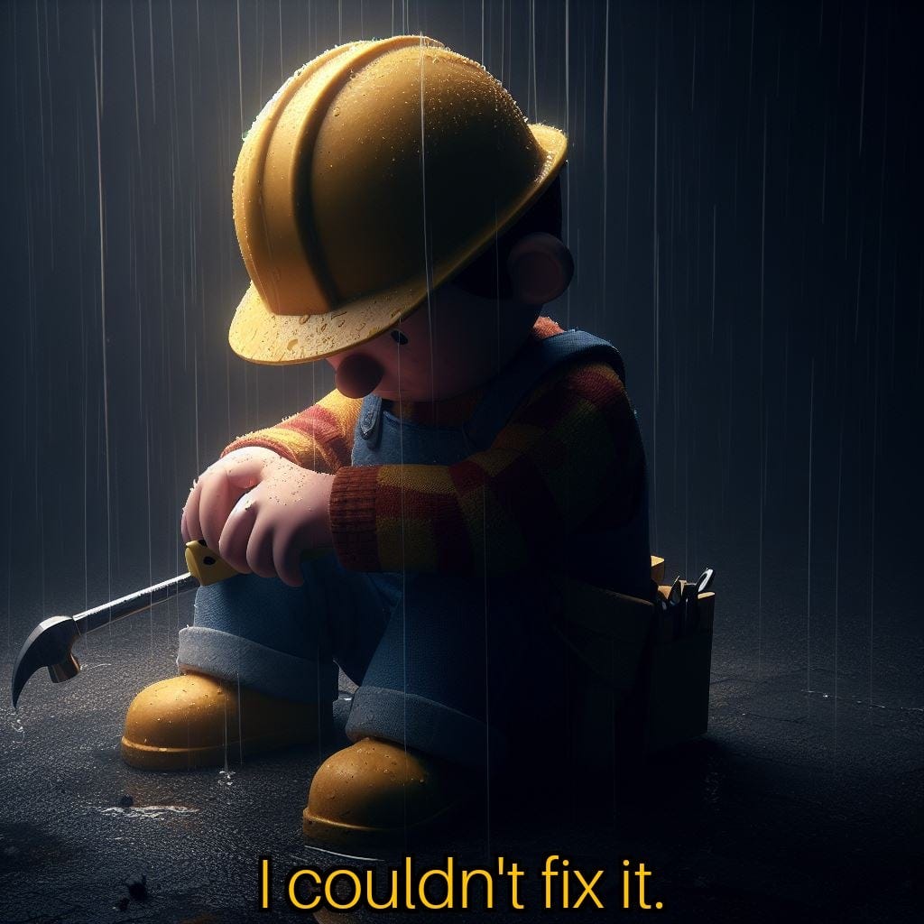 Depressed bob the builder: made this one by "accident" with ai since i  couldn't find a sad picture of him online (fist image with text, second  without) : r/MemeTemplatesOfficial