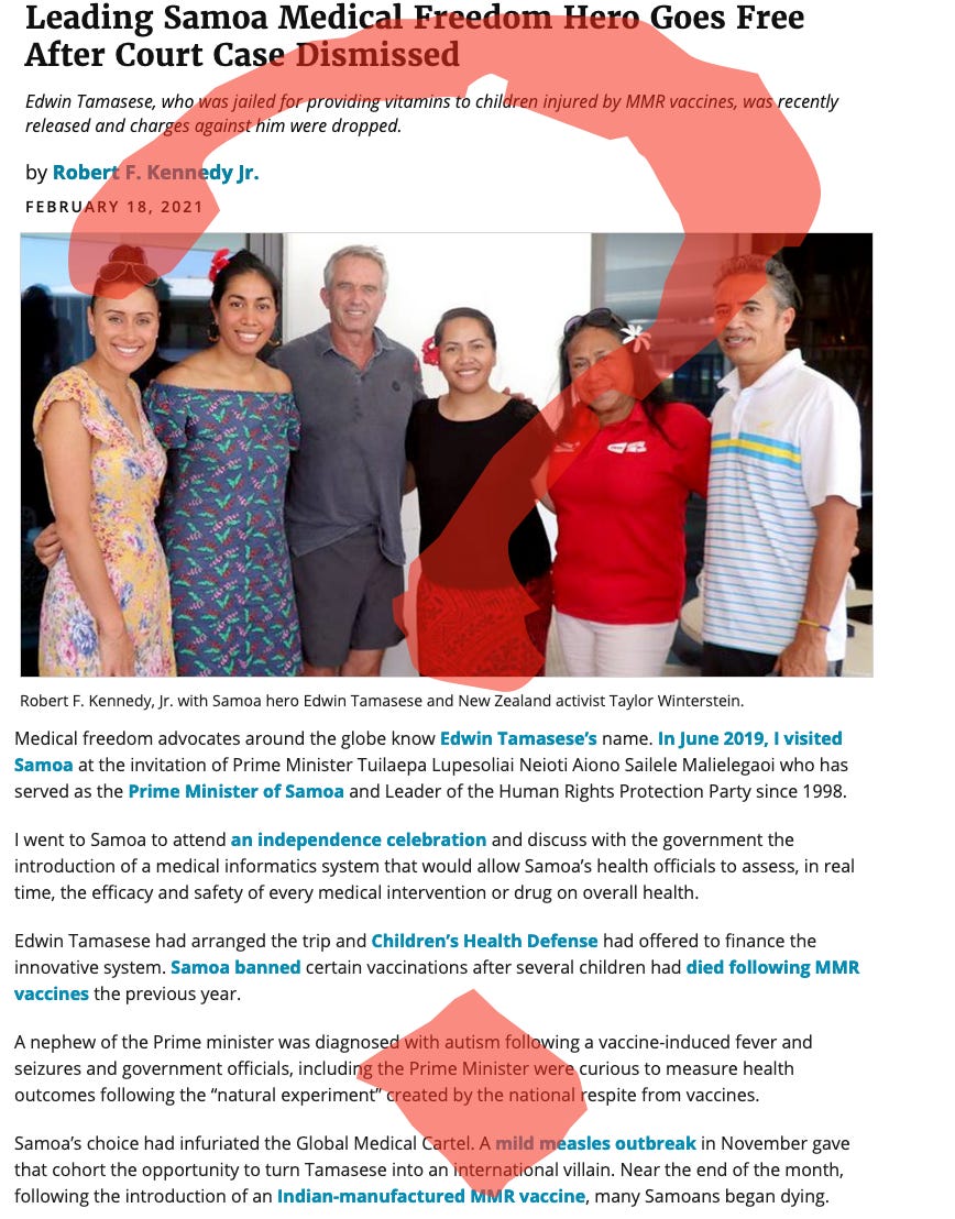 Robert F. Kennedy, Jr visited Samoa with Cheryl Hines and Taylor Winterstein about four months before their measles epidemic started. 