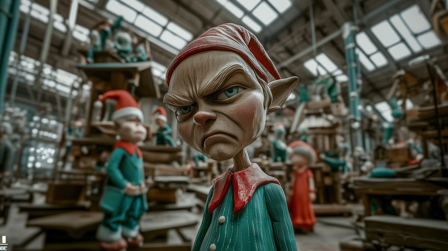An angry Christmas elf looks into the camera. The camera moves extremely slow as it orbits around the elf like a music video. The elf never breaks its gaze but has natural movements.
