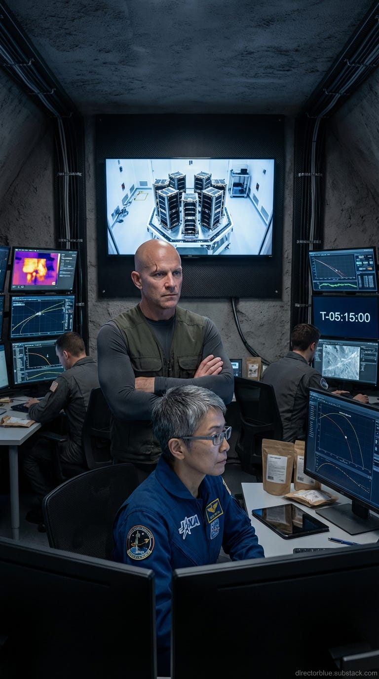 same subject new image - Hyper-detailed 9x16 photographic image promptUltra-realistic photographic scene 9x16 vertical format Interior of a buried lunar bunker control room  cramped low-ceilinged space approximately 6x10 meters with sintered_image_1